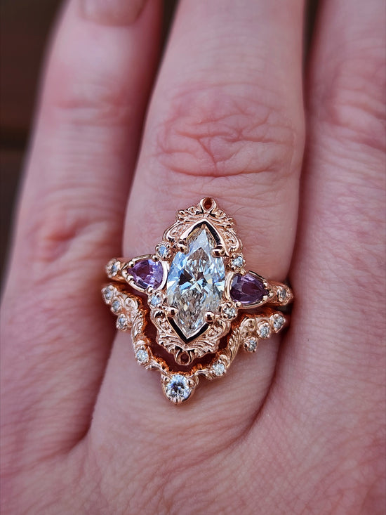 1.04ct Marquise Diamond Odette Engagement Ring Set with Pear Light Purple Sapphires - 14k Rose Gold image 11