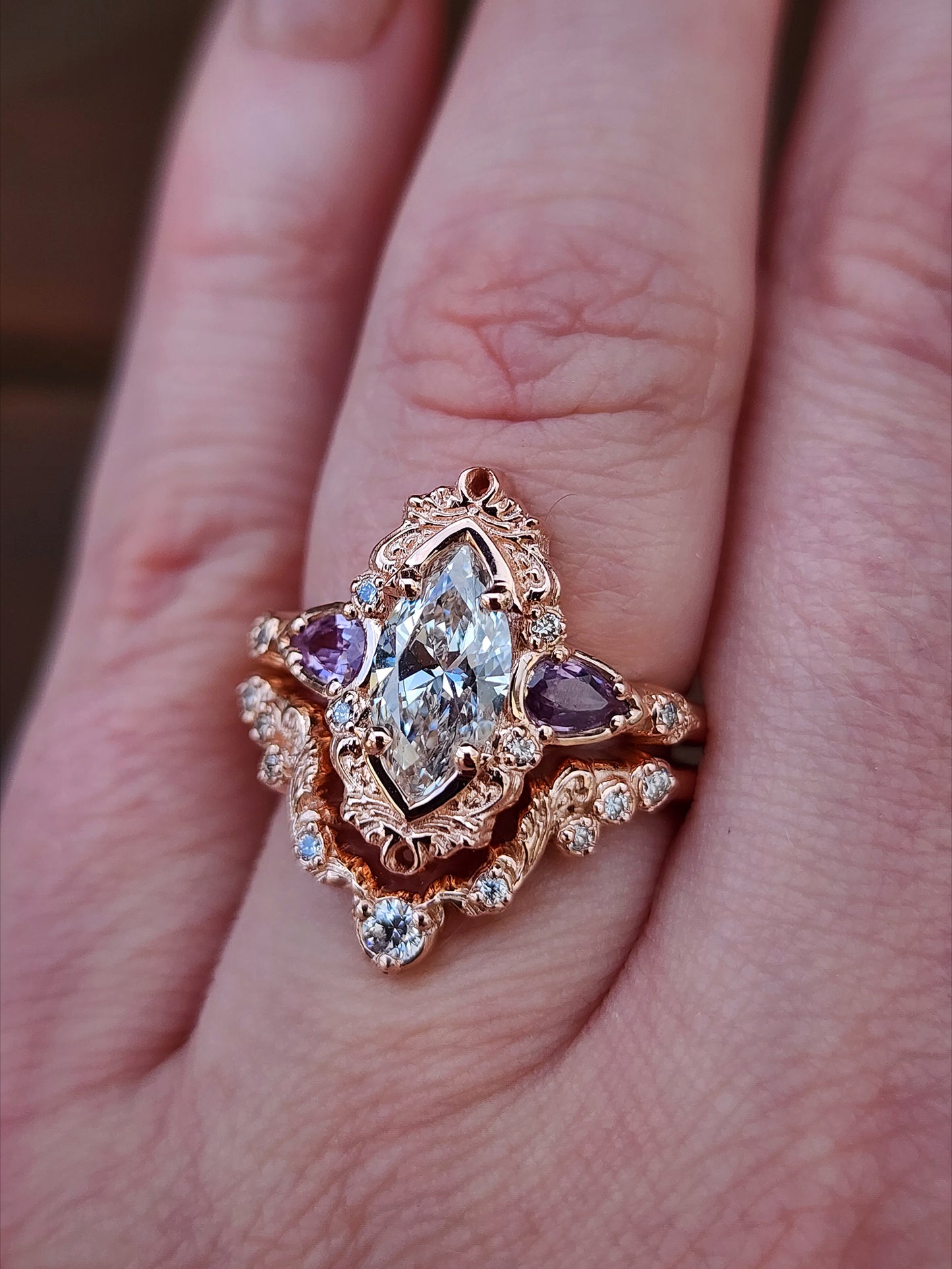 1.04ct Marquise Diamond Odette Engagement Ring Set with Pear Light Purple Sapphires - 14k Rose Gold image 12