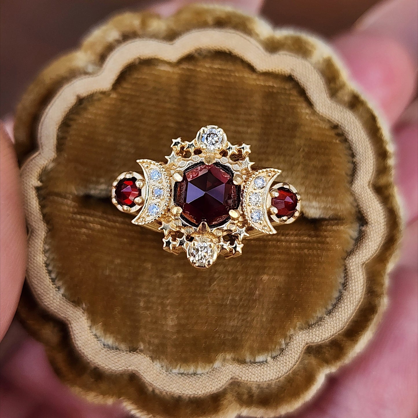 Rose Cut Red Garnet Cosmos Engagement Ring with Honey Champagne Diamonds - 14k Yellow Gold image 2