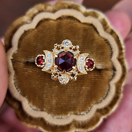 Rose Cut Red Garnet Cosmos Engagement Ring with Honey Champagne Diamonds - 14k Yellow Gold image 2