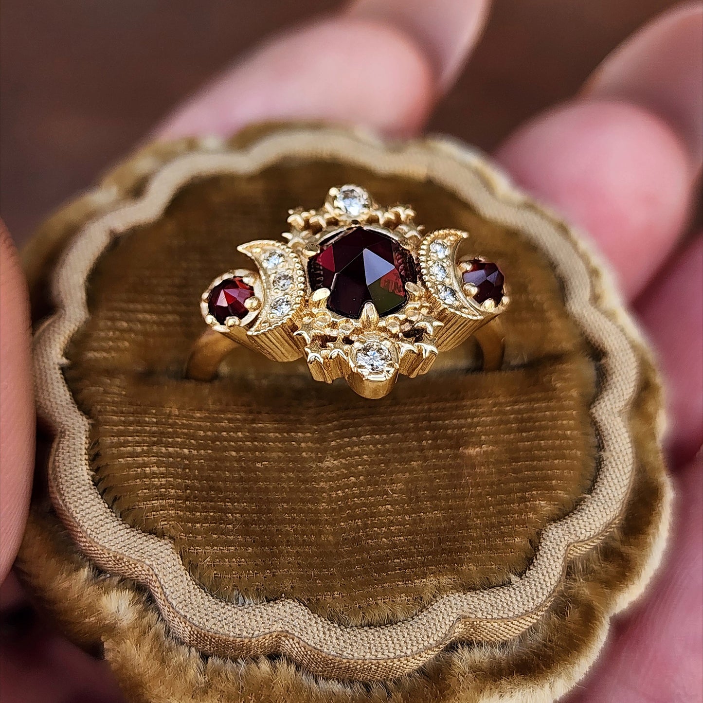 Rose Cut Red Garnet Cosmos Engagement Ring with Honey Champagne Diamonds - 14k Yellow Gold image 5