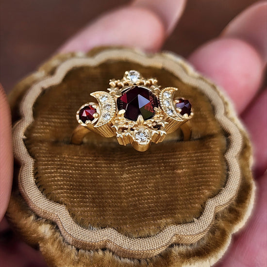 Rose Cut Red Garnet Cosmos Engagement Ring with Honey Champagne Diamonds - 14k Yellow Gold image 5