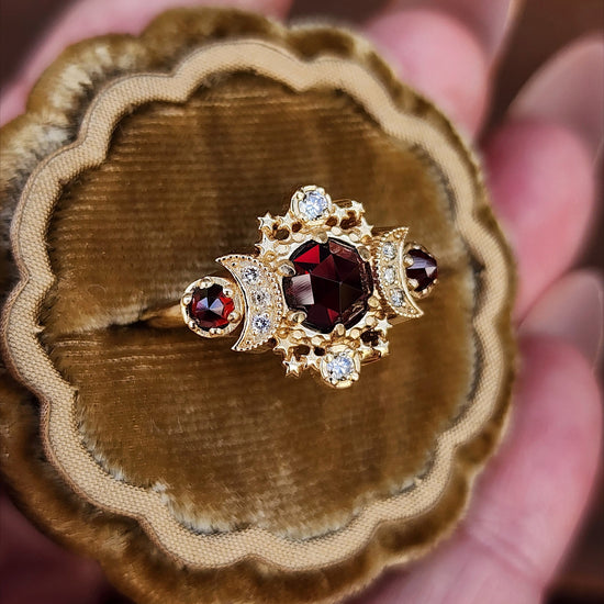 Rose Cut Red Garnet Cosmos Engagement Ring with Honey Champagne Diamonds - 14k Yellow Gold image 3