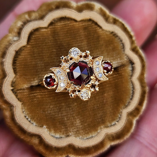 Rose Cut Red Garnet Cosmos Engagement Ring with Honey Champagne Diamonds - 14k Yellow Gold image 1