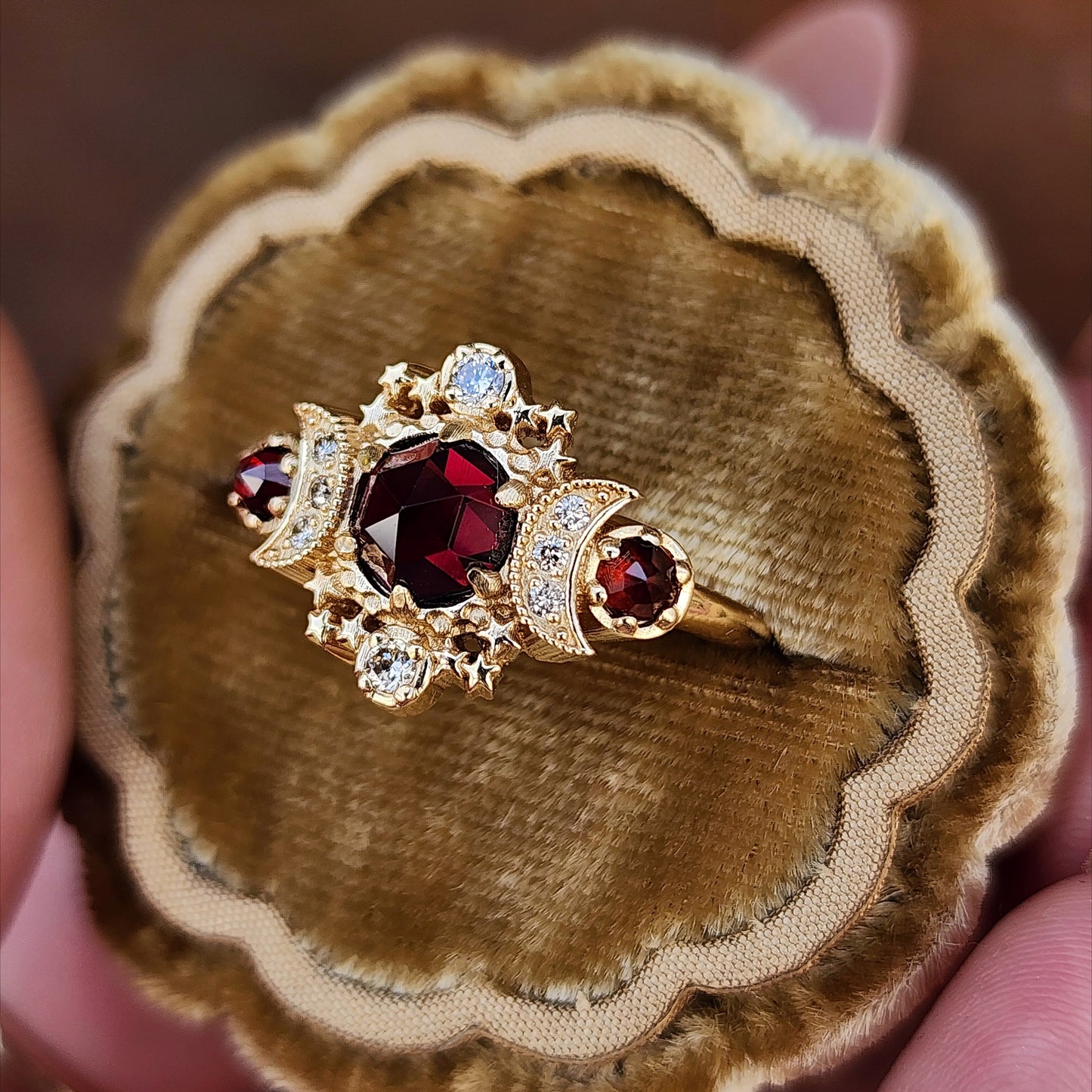 Rose Cut Red Garnet Cosmos Engagement Ring with Honey Champagne Diamonds - 14k Yellow Gold image 4