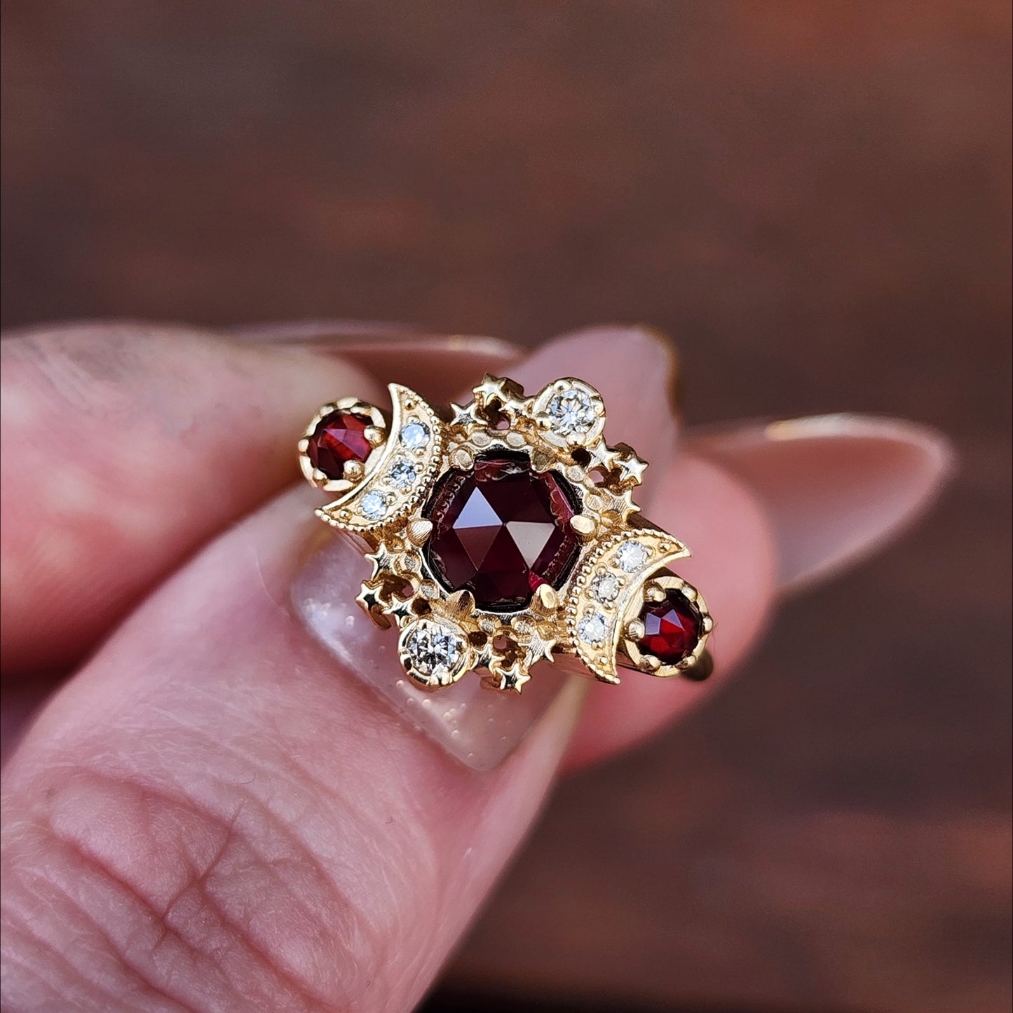 Rose Cut Red Garnet Cosmos Engagement Ring with Honey Champagne Diamonds - 14k Yellow Gold image 6