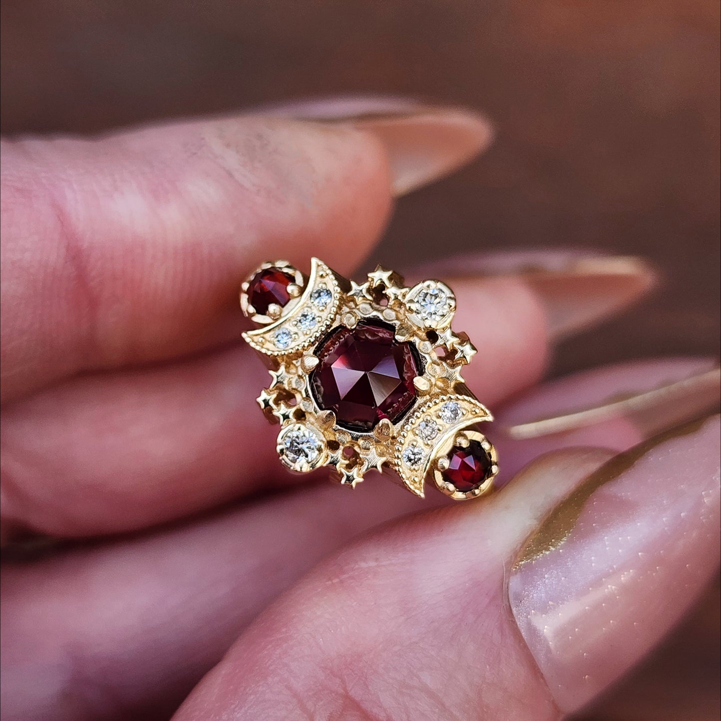 Rose Cut Red Garnet Cosmos Engagement Ring with Honey Champagne Diamonds - 14k Yellow Gold image 7
