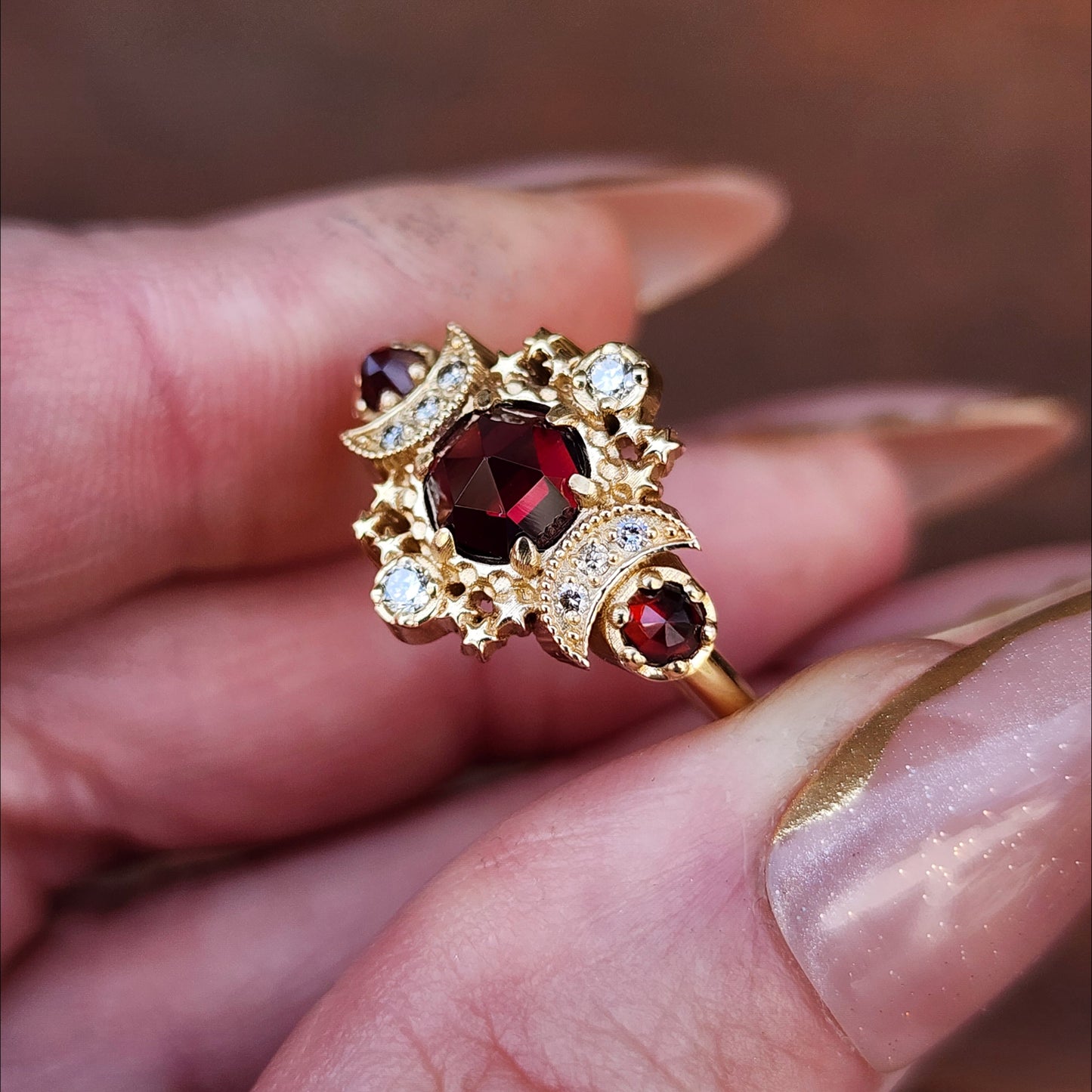 Rose Cut Red Garnet Cosmos Engagement Ring with Honey Champagne Diamonds - 14k Yellow Gold image 9