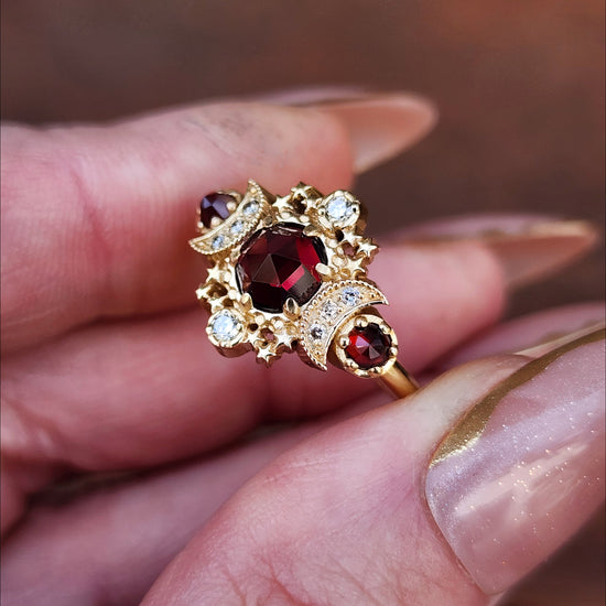 Rose Cut Red Garnet Cosmos Engagement Ring with Honey Champagne Diamonds - 14k Yellow Gold image 9