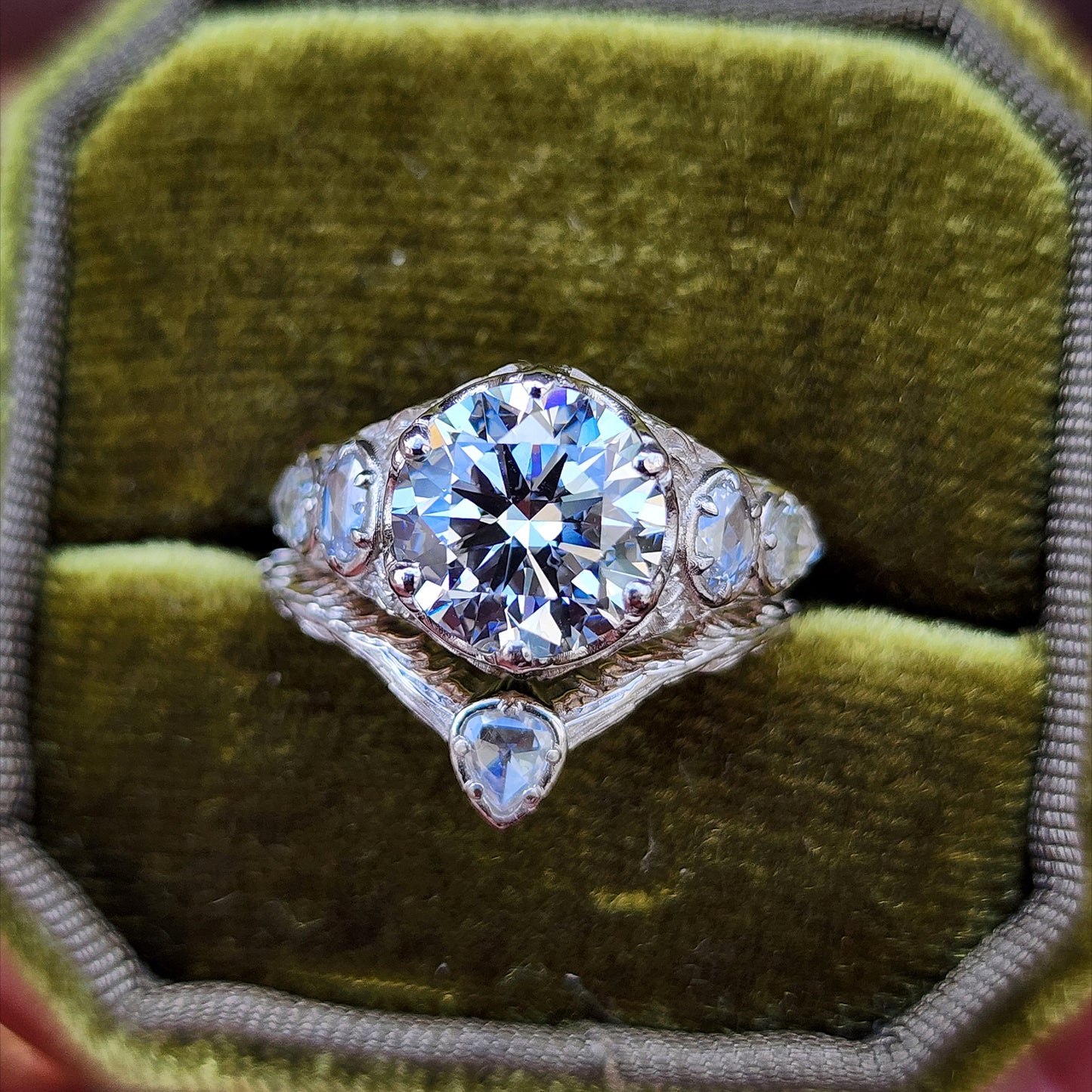 3.03ct Diamond Bramble Engagement Ring with Rose Cut Oval & Pear Diamonds and Forest Chevron Wedding Band - 14k Palladium White Gold image 1