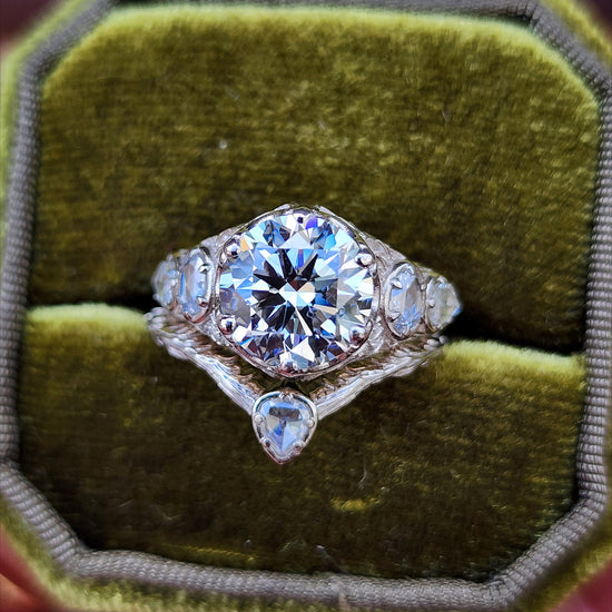 3.03ct Diamond Bramble Engagement Ring with Rose Cut Oval & Pear Diamonds and Forest Chevron Wedding Band - 14k Palladium White Gold image 1