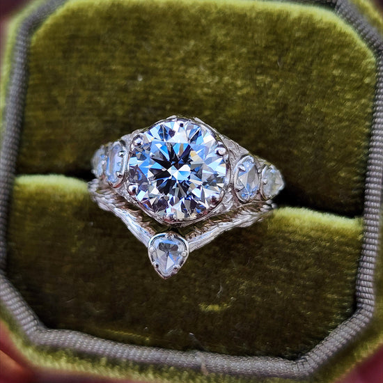 3.03ct Diamond Bramble Engagement Ring with Rose Cut Oval & Pear Diamonds and Forest Chevron Wedding Band - 14k Palladium White Gold image  3