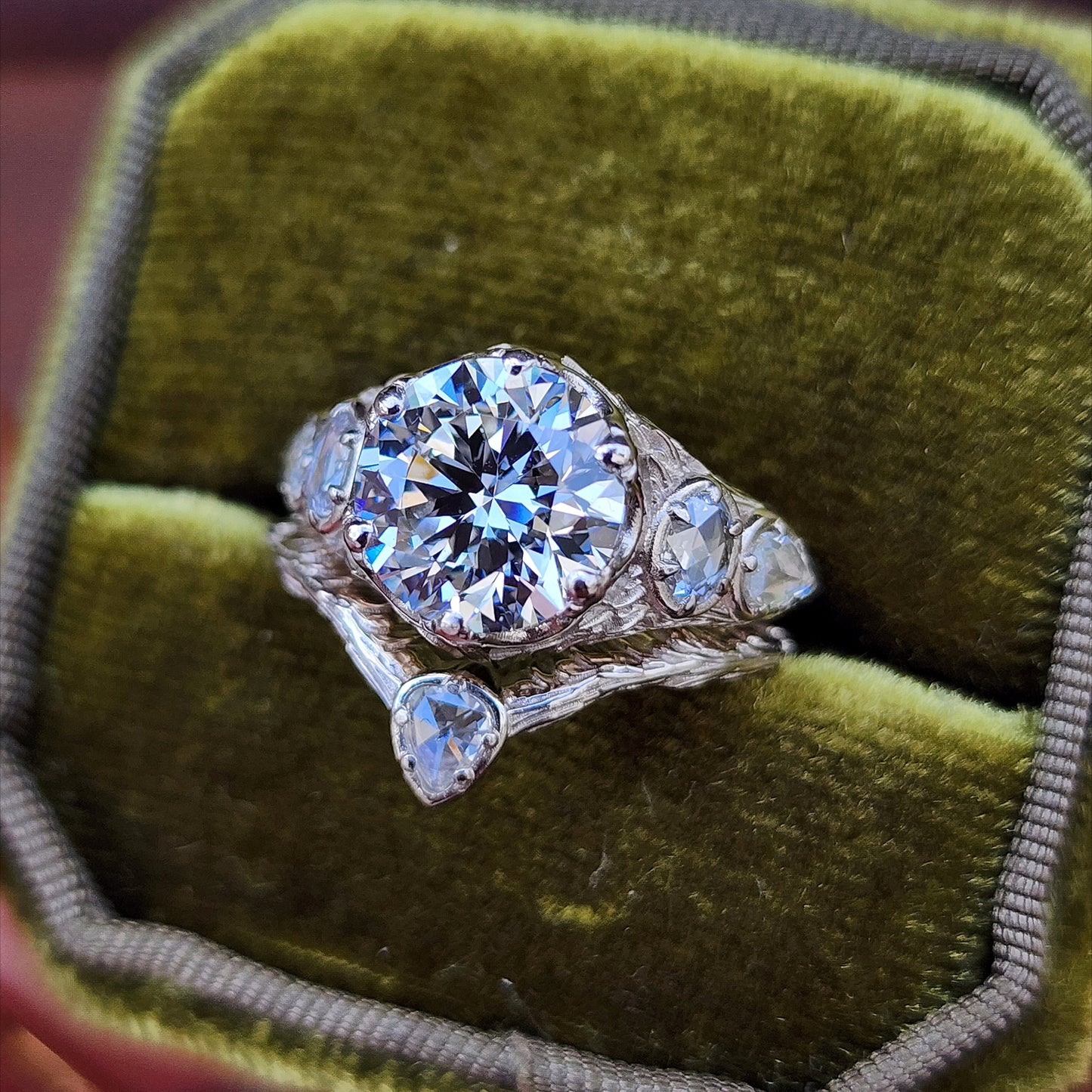 3.03ct Diamond Bramble Engagement Ring with Rose Cut Oval & Pear Diamonds and Forest Chevron Wedding Band - 14k Palladium White Gold image  4