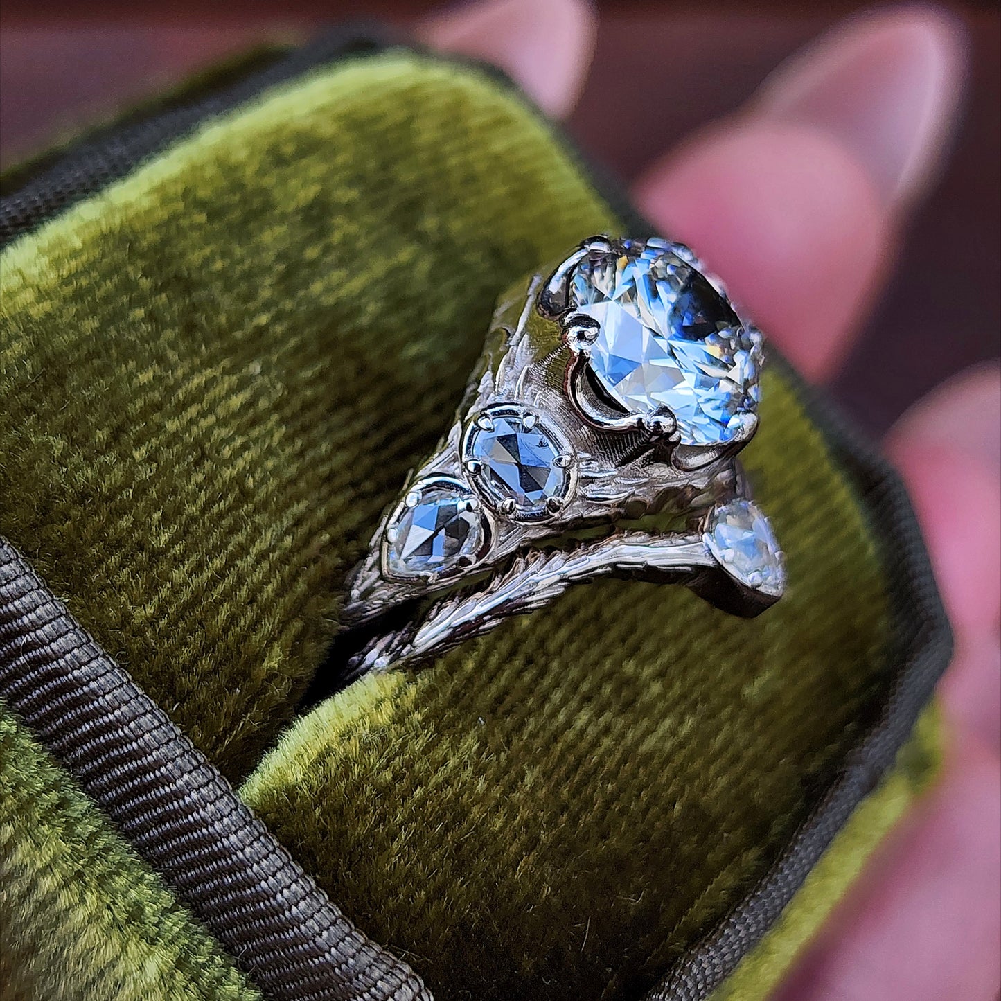 3.03ct Diamond Bramble Engagement Ring with Rose Cut Oval & Pear Diamonds and Forest Chevron Wedding Band - 14k Palladium White Gold image  5