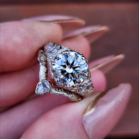 3.03ct Diamond Bramble Engagement Ring with Rose Cut Oval & Pear Diamonds and Forest Chevron Wedding Band - 14k Palladium White Gold image  6