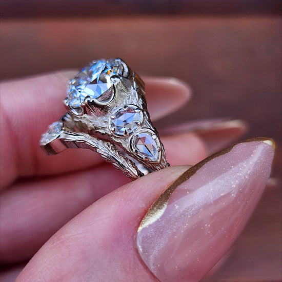 3.03ct Diamond Bramble Engagement Ring with Rose Cut Oval & Pear Diamonds and Forest Chevron Wedding Band - 14k Palladium White Gold image  7