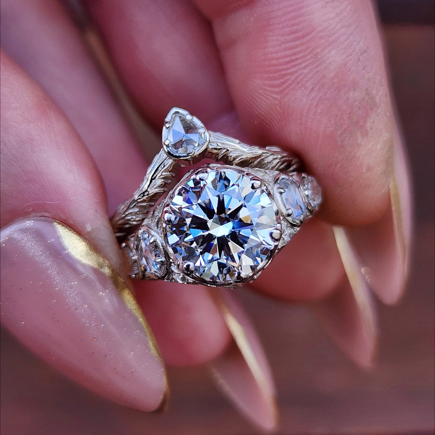 3.03ct Diamond Bramble Engagement Ring with Rose Cut Oval & Pear Diamonds and Forest Chevron Wedding Band - 14k Palladium White Gold image  2