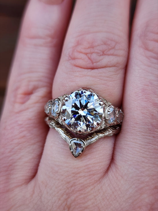 3.03ct Diamond Bramble Engagement Ring with Rose Cut Oval & Pear Diamonds and Forest Chevron Wedding Band - 14k Palladium White Gold image  8