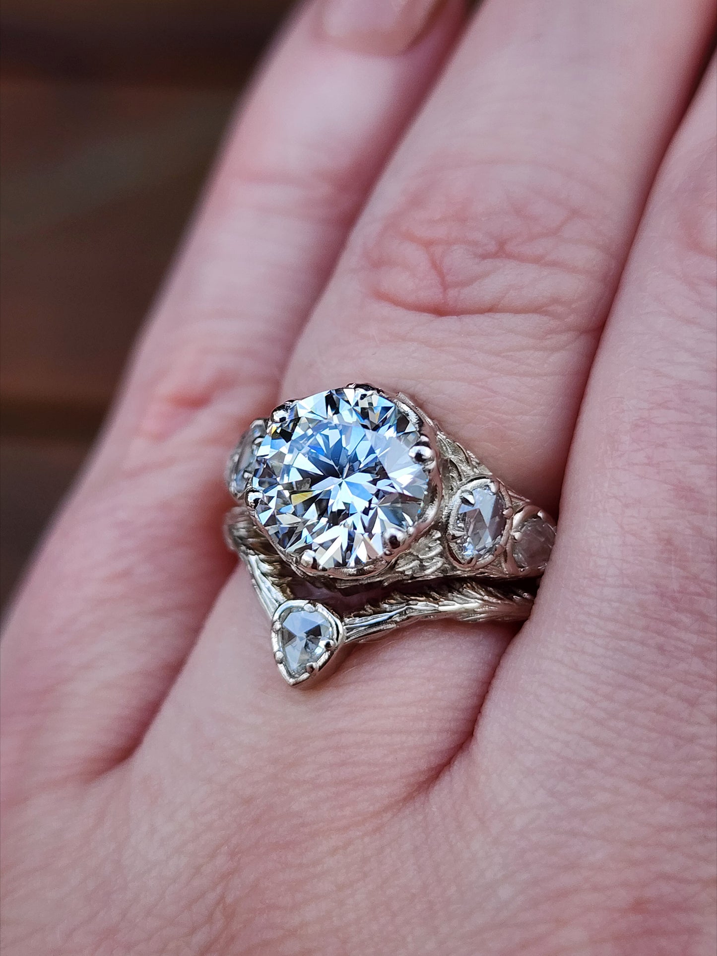 3.03ct Diamond Bramble Engagement Ring with Rose Cut Oval & Pear Diamonds and Forest Chevron Wedding Band - 14k Palladium White Gold image  9