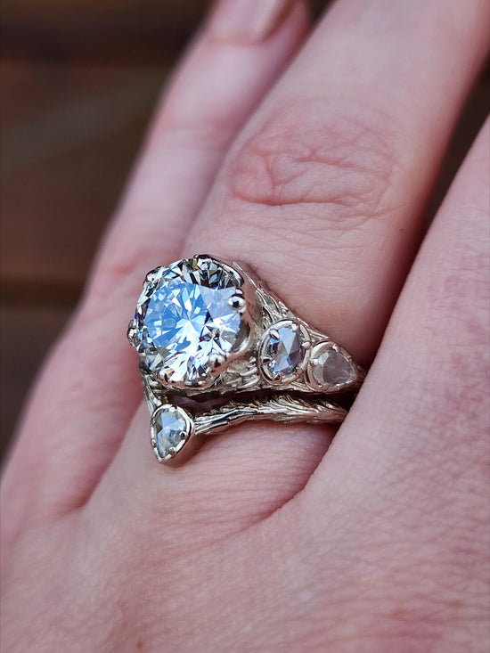 3.03ct Diamond Bramble Engagement Ring with Rose Cut Oval & Pear Diamonds and Forest Chevron Wedding Band - 14k Palladium White Gold image  10