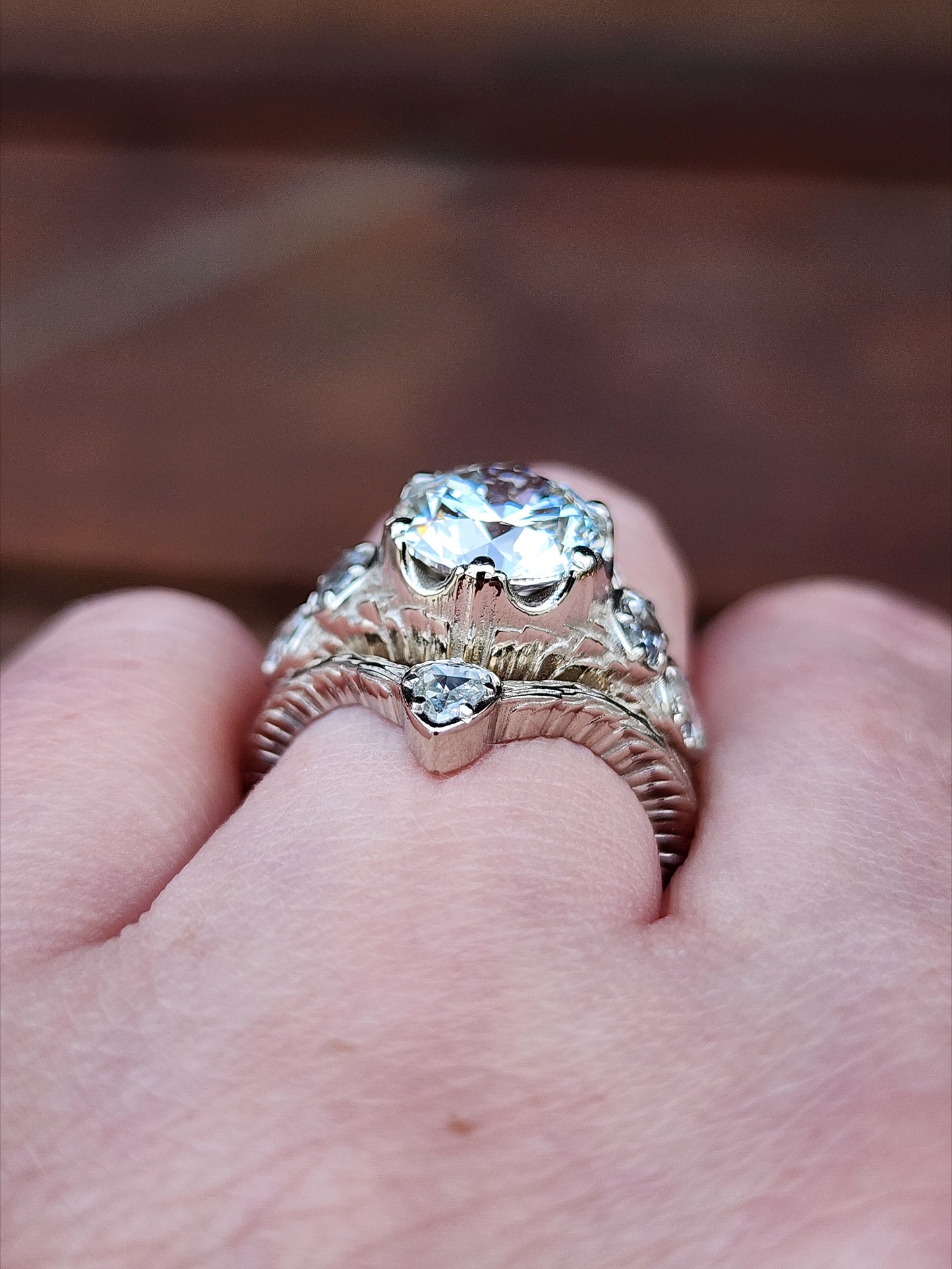 3.03ct Diamond Bramble Engagement Ring with Rose Cut Oval & Pear Diamonds and Forest Chevron Wedding Band - 14k Palladium White Gold image  11