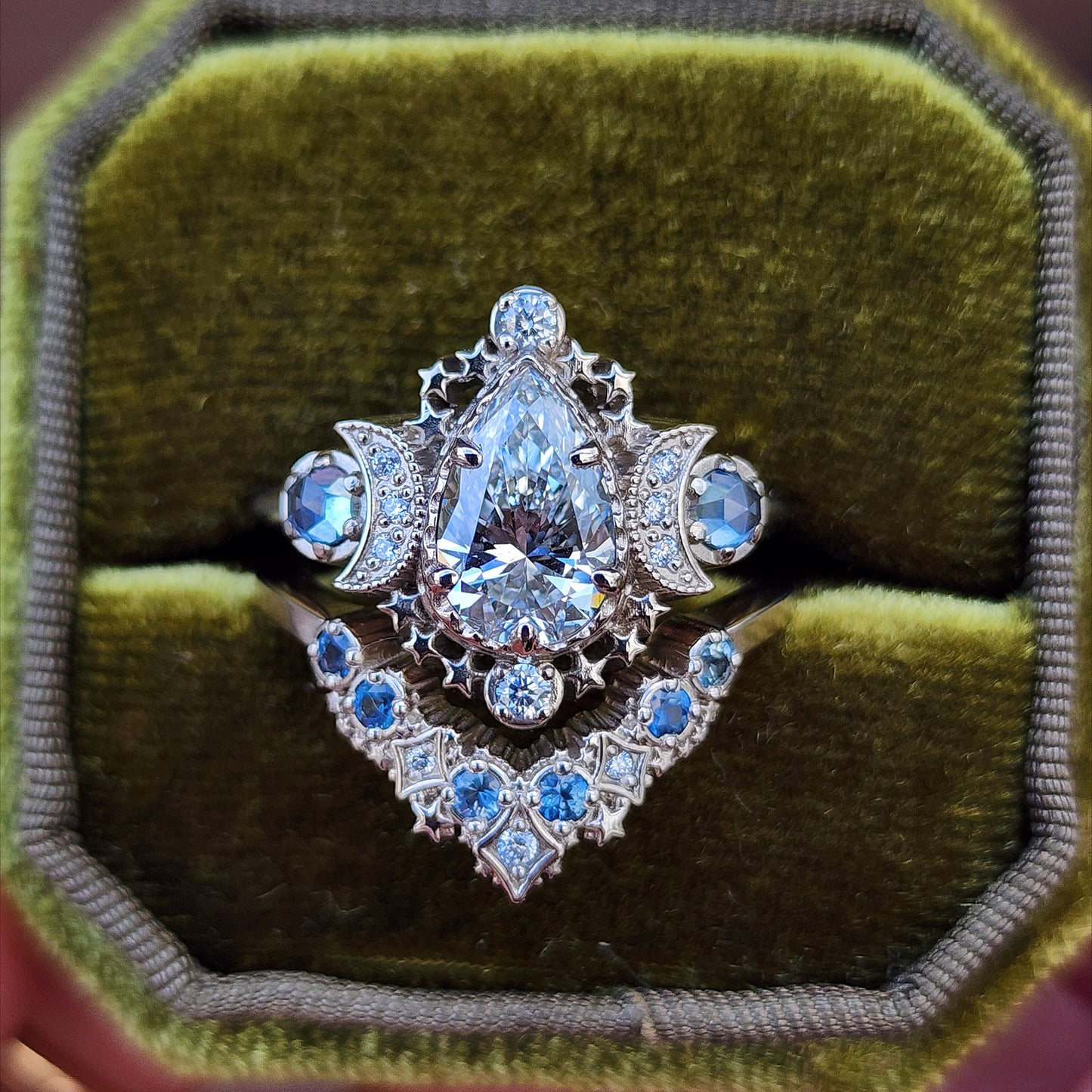 1.67ct Pear Lab Diamond Cosmos Engagement Ring Set with Diamonds and Montana Sapphires - 14k Palladium White Gold image 1