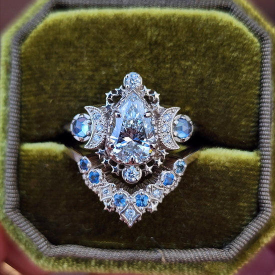 1.67ct Pear Lab Diamond Cosmos Engagement Ring Set with Diamonds and Montana Sapphires - 14k Palladium White Gold image 1