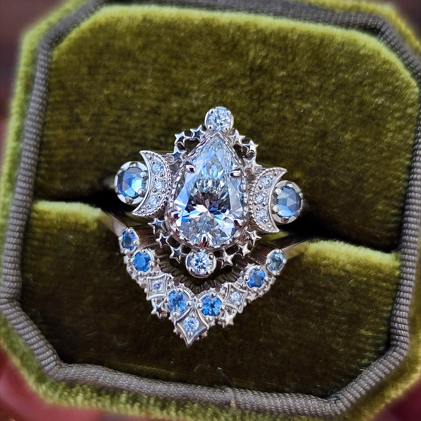 1.67ct Pear Lab Diamond Cosmos Engagement Ring Set with Diamonds and Montana Sapphires - 14k Palladium White Gold image 5