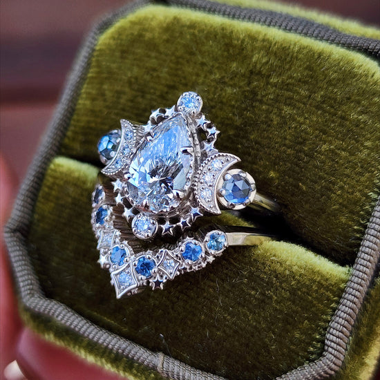 1.67ct Pear Lab Diamond Cosmos Engagement Ring Set with Diamonds and Montana Sapphires - 14k Palladium White Gold image 6