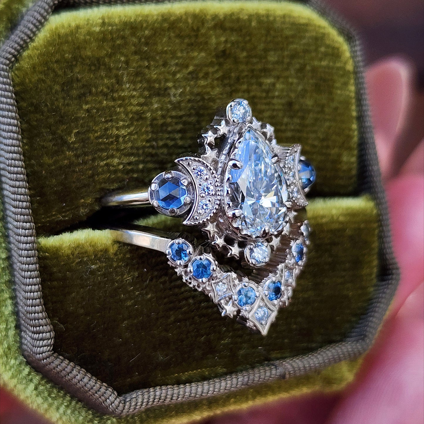1.67ct Pear Lab Diamond Cosmos Engagement Ring Set with Diamonds and Montana Sapphires - 14k Palladium White Gold image 7