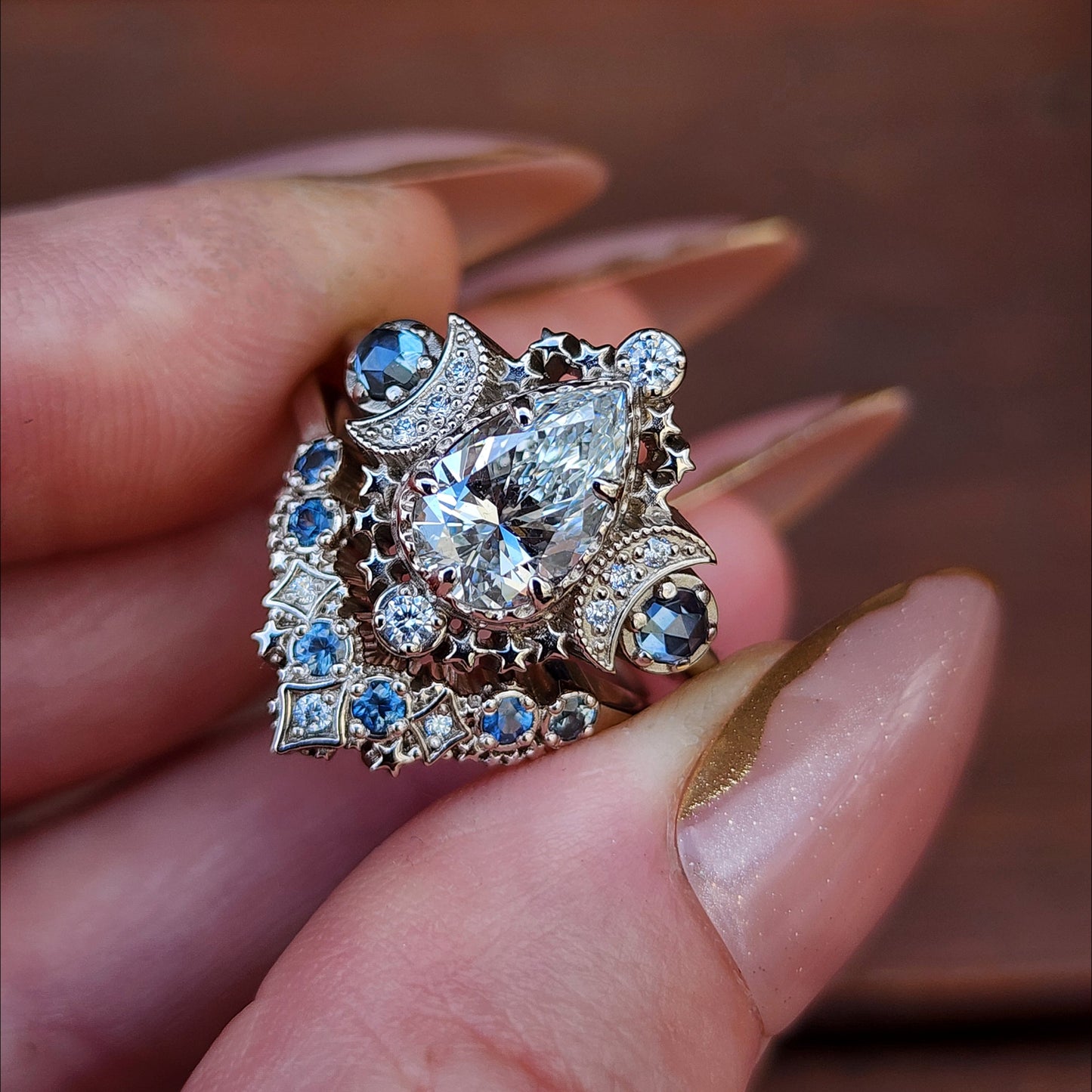 1.67ct Pear Lab Diamond Cosmos Engagement Ring Set with Diamonds and Montana Sapphires - 14k Palladium White Gold image 4