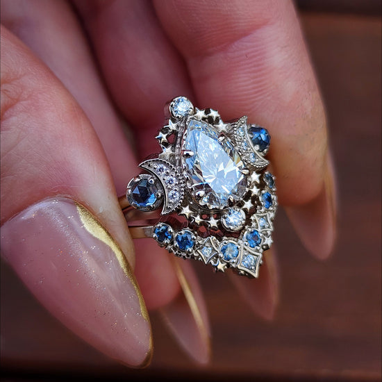 1.67ct Pear Lab Diamond Cosmos Engagement Ring Set with Diamonds and Montana Sapphires - 14k Palladium White Gold image 3