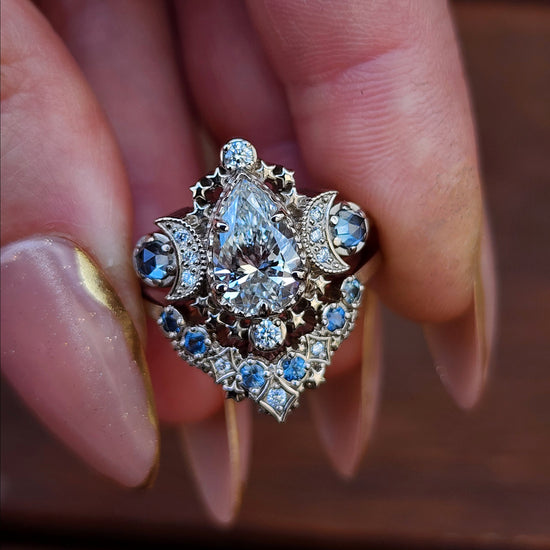 1.67ct Pear Lab Diamond Cosmos Engagement Ring Set with Diamonds and Montana Sapphires - 14k Palladium White Gold image 2