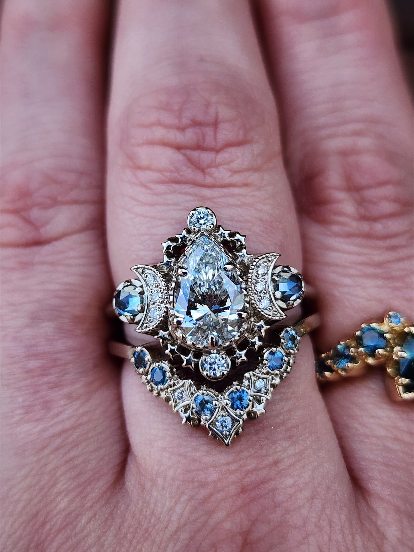 1.67ct Pear Lab Diamond Cosmos Engagement Ring Set with Diamonds and Montana Sapphires - 14k Palladium White Gold image 8