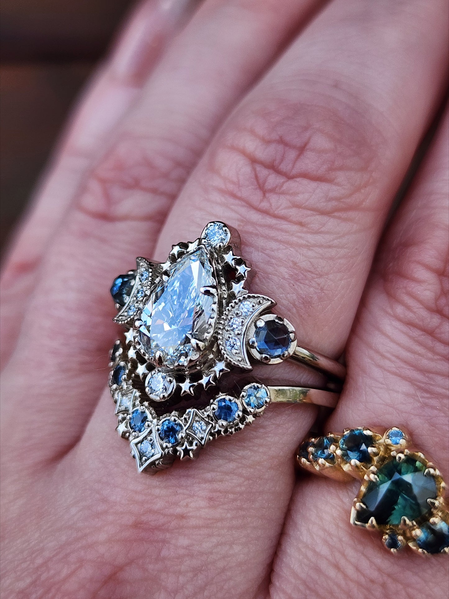 1.67ct Pear Lab Diamond Cosmos Engagement Ring Set with Diamonds and Montana Sapphires - 14k Palladium White Gold image 9