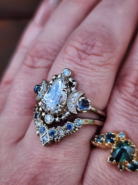 1.67ct Pear Lab Diamond Cosmos Engagement Ring Set with Diamonds and Montana Sapphires - 14k Palladium White Gold image 9