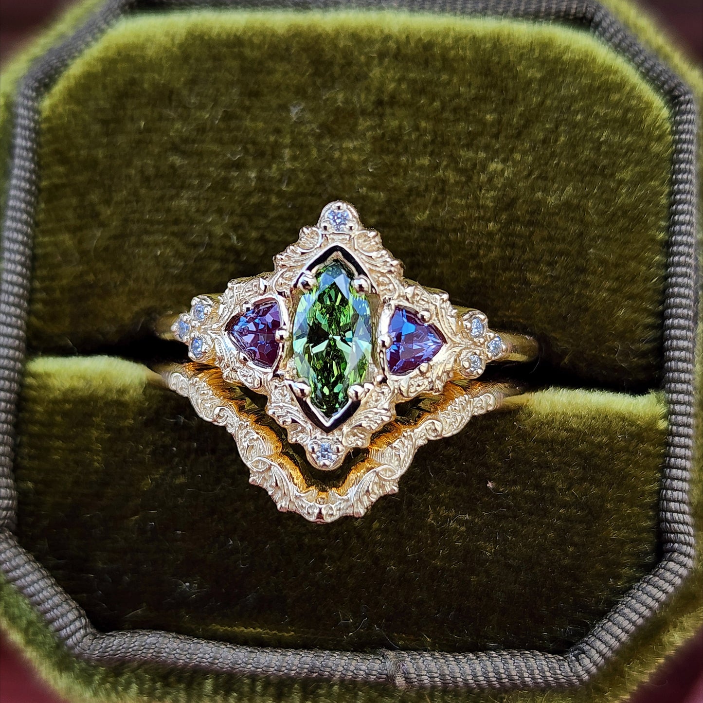 .55ct Green Diamond Marquise and Alexandrite Delilah Engagement Ring with Wedding Band - 14k Yellow Gold image 1