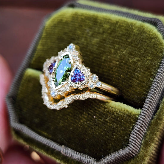 .55ct Green Diamond Marquise and Alexandrite Delilah Engagement Ring with Wedding Band - 14k Yellow Gold image 7