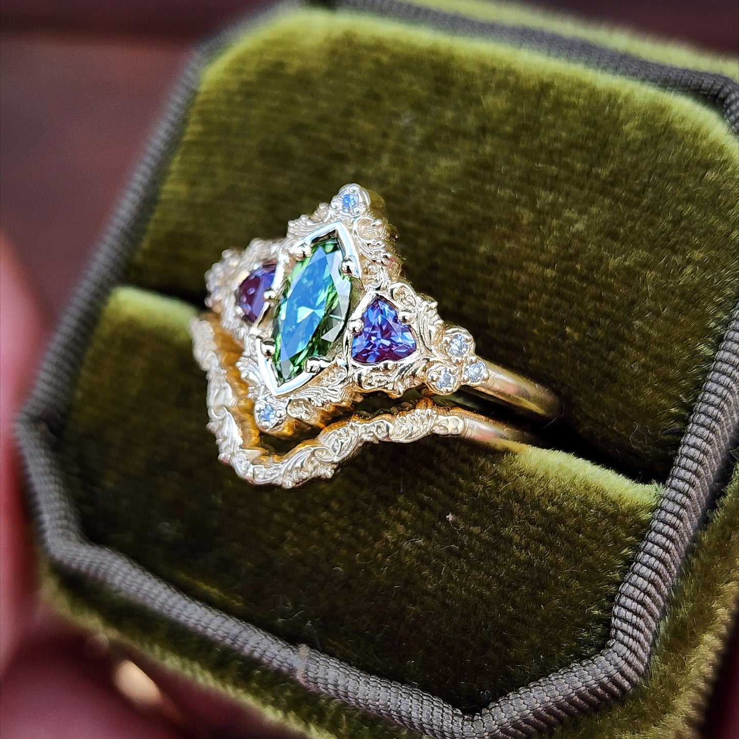 .55ct Green Diamond Marquise and Alexandrite Delilah Engagement Ring with Wedding Band - 14k Yellow Gold image 6