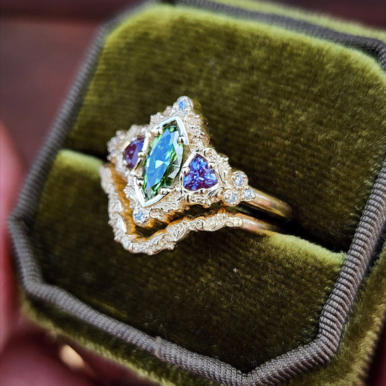 .55ct Green Diamond Marquise and Alexandrite Delilah Engagement Ring with Wedding Band - 14k Yellow Gold image 6