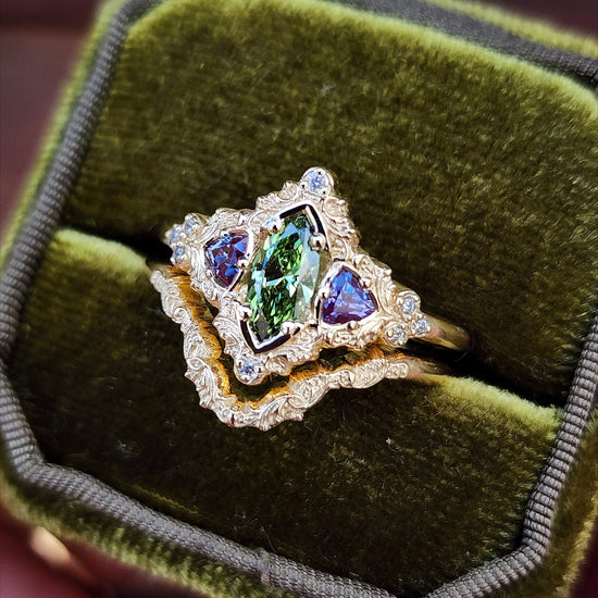 .55ct Green Diamond Marquise and Alexandrite Delilah Engagement Ring with Wedding Band - 14k Yellow Gold image 5