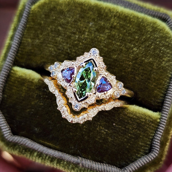 .55ct Green Diamond Marquise and Alexandrite Delilah Engagement Ring with Wedding Band - 14k Yellow Gold image 3