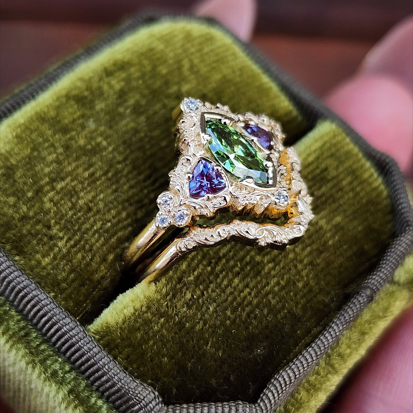.55ct Green Diamond Marquise and Alexandrite Delilah Engagement Ring with Wedding Band - 14k Yellow Gold image 4