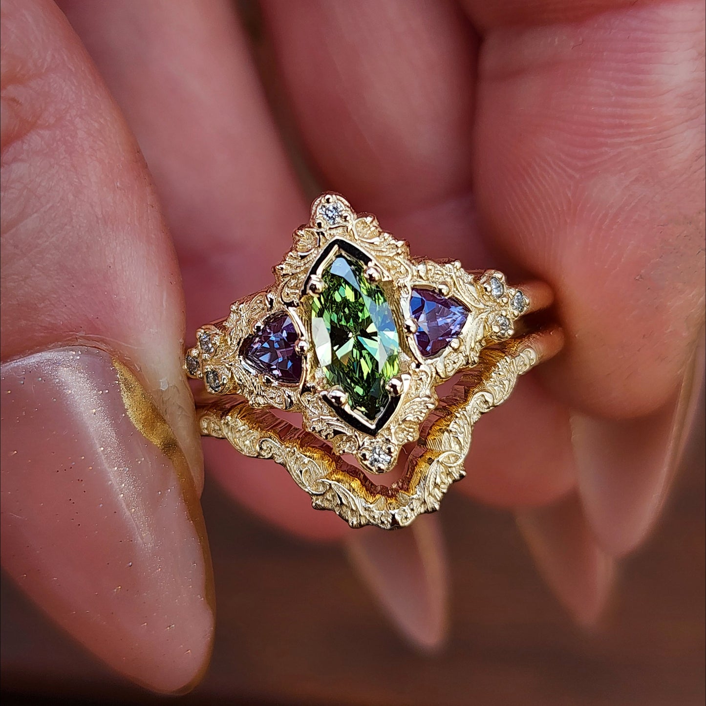 .55ct Green Diamond Marquise and Alexandrite Delilah Engagement Ring with Wedding Band - 14k Yellow Gold image 2