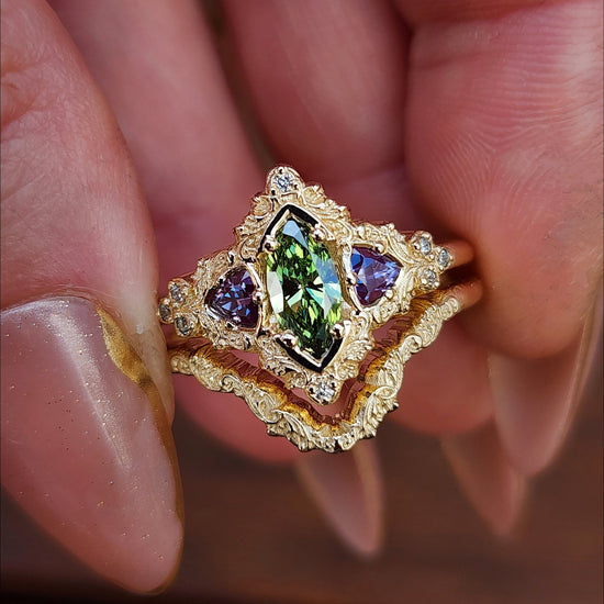 .55ct Green Diamond Marquise and Alexandrite Delilah Engagement Ring with Wedding Band - 14k Yellow Gold image 2