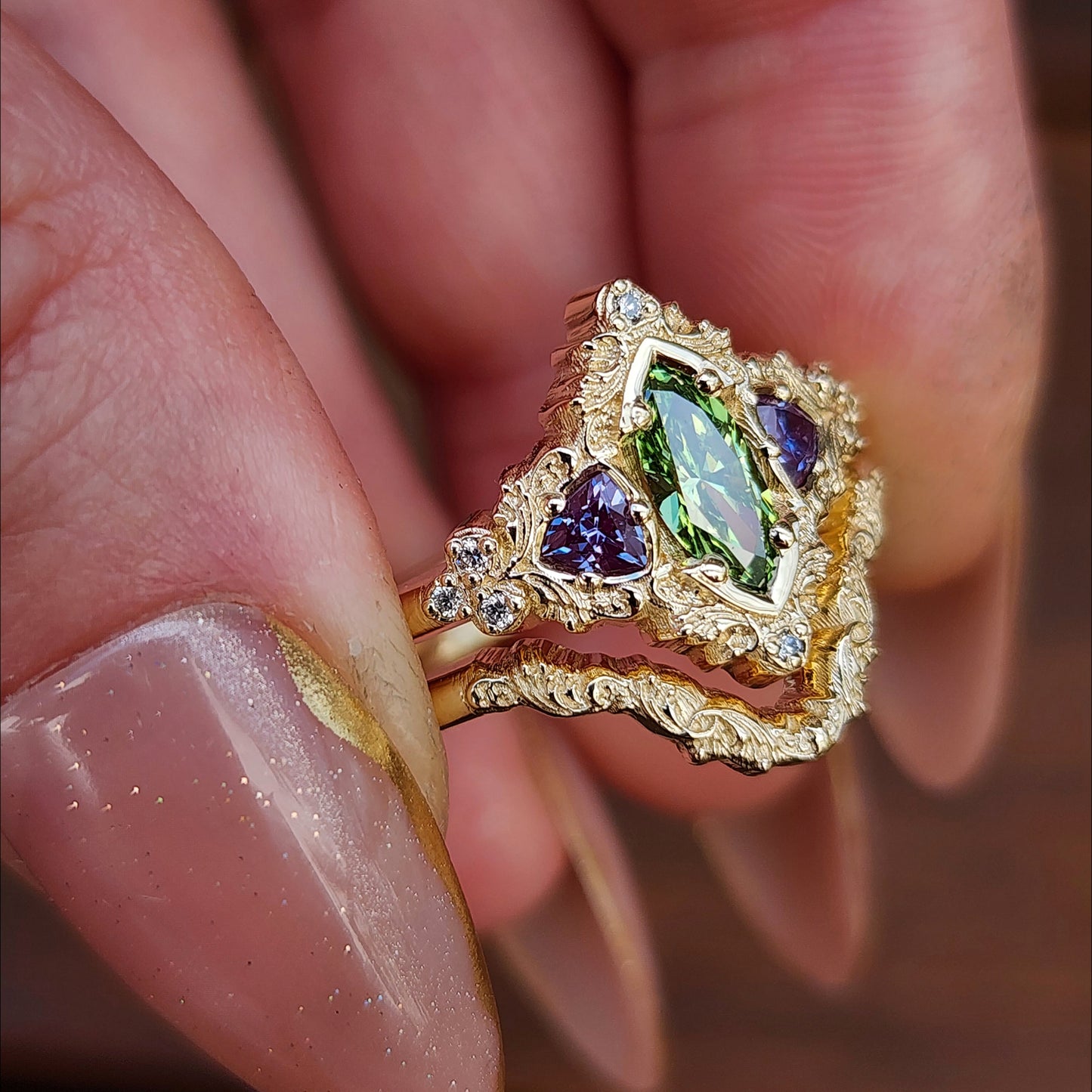 .55ct Green Diamond Marquise and Alexandrite Delilah Engagement Ring with Wedding Band - 14k Yellow Gold image 8