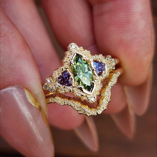 .55ct Green Diamond Marquise and Alexandrite Delilah Engagement Ring with Wedding Band - 14k Yellow Gold image 9