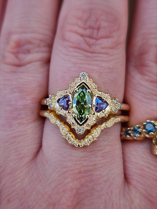 .55ct Green Diamond Marquise and Alexandrite Delilah Engagement Ring with Wedding Band - 14k Yellow Gold image 10