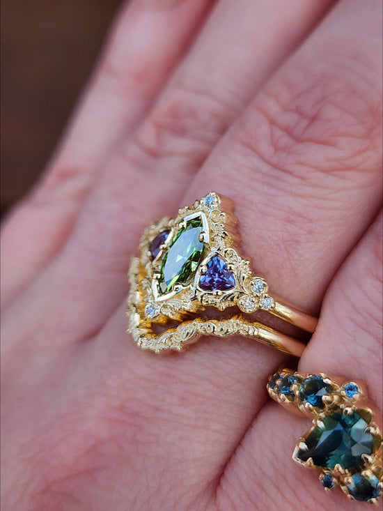 .55ct Green Diamond Marquise and Alexandrite Delilah Engagement Ring with Wedding Band - 14k Yellow Gold image 11