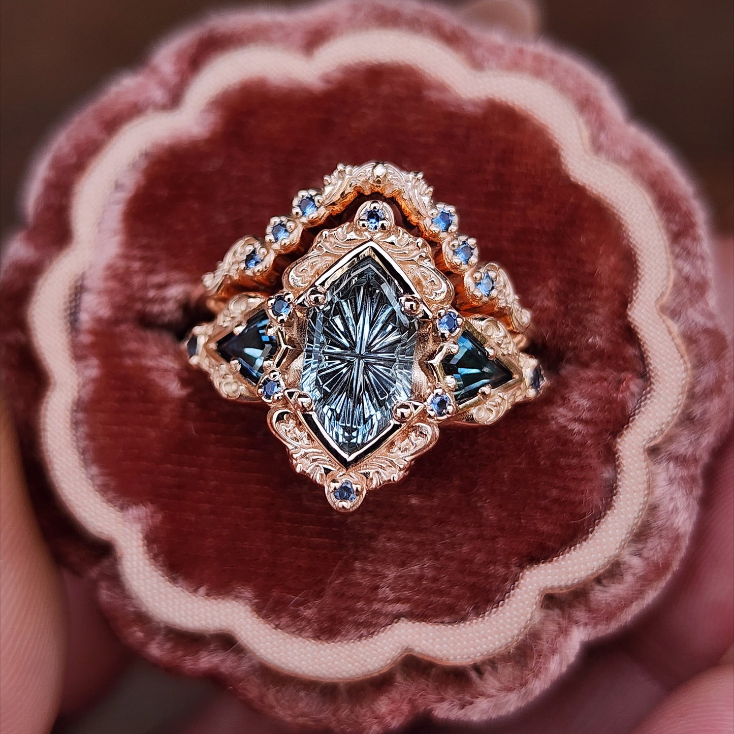 Fantasy Cut Montana Sapphire Odessa Art Deco Engagement Ring with Sapphire Kite Side Stones and Delicate Gold Scrolls - 14k Rose Gold image 2